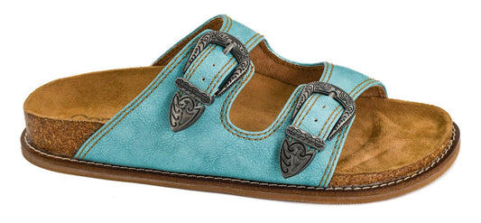 Side View Of Teal Blue Sandal With Buckles, Brown Cork Cushion Insole and Brown Sole