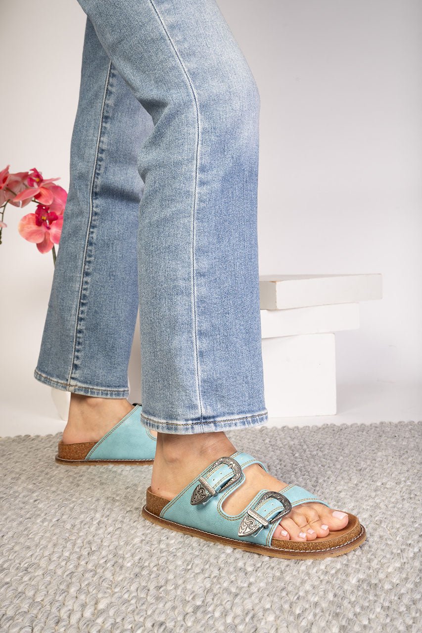 Jeans with Blue Sandals On Feet