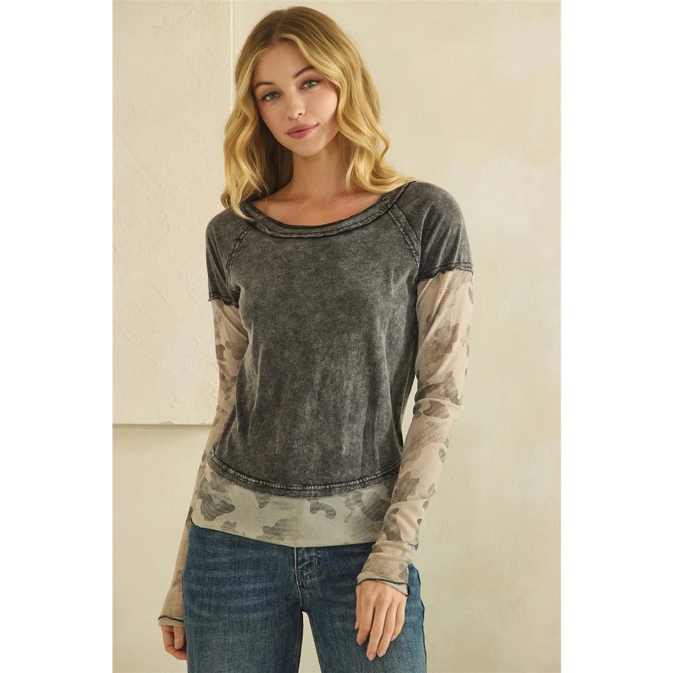 Camouflage Print Mix Layered Look Pull Over Olie & Hali - Gal-Up Boutique