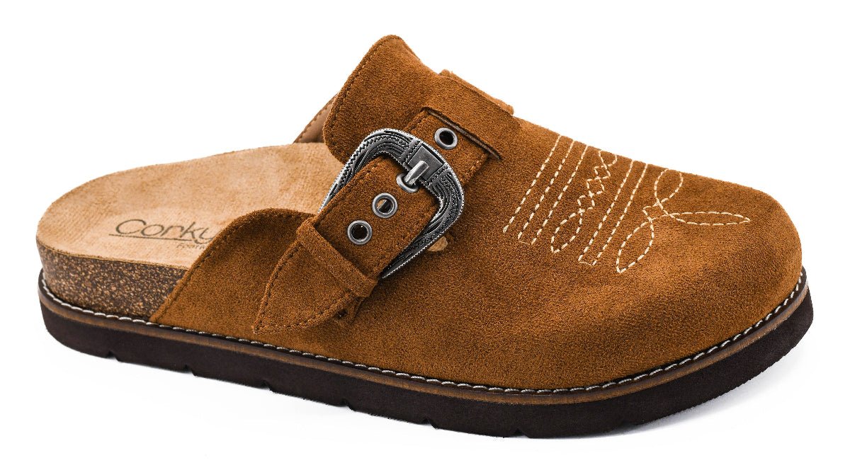 Close Up Brown Clogs with Buckle andStitching