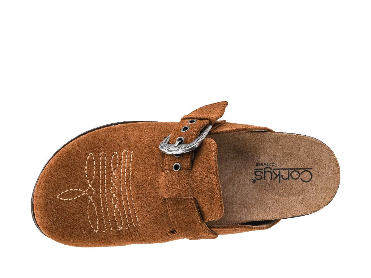 Brown Clog Top View with Buckle And Stitching Corky's Text