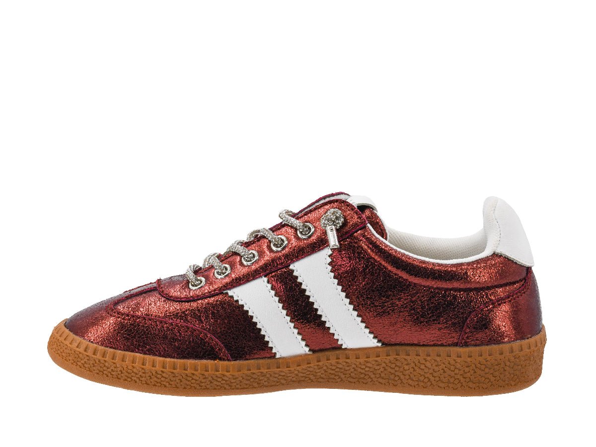 Side View ladies Burgundy Metallic Sneakers with white stripes
