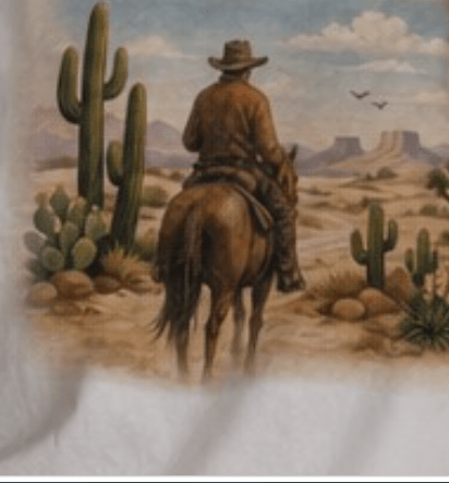 A western-themed desert landscape print showing a cowboy riding a horse past tall saguaro cacti and mesas under a cloudy sky.