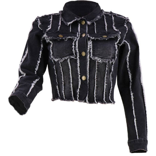 Black denim jacket with white frayed edges on a white background