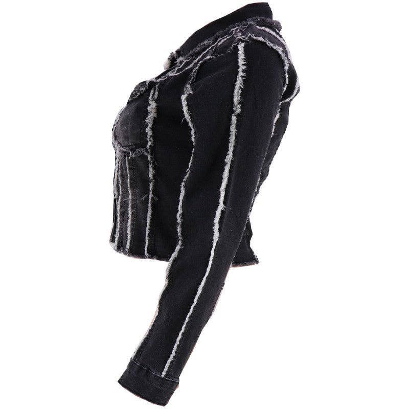 Black distressed denim jacket with white trim on a white background