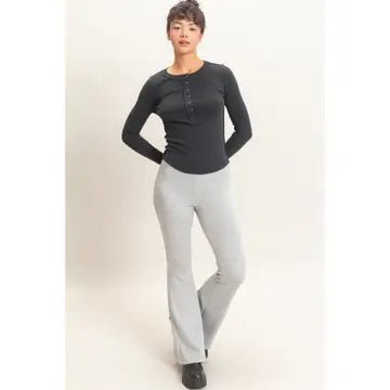Heather Gray Flare Pants on female model wearing a black shirt