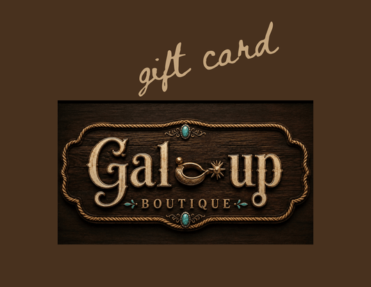 A gift card for Galup Shop with a dark wood plaque, ornate gold lettering and turquoise accents, solid brown background