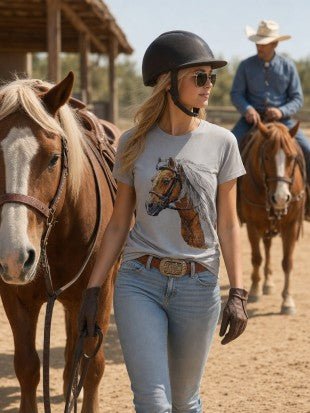 A woman in equestrian attire, including a black riding helmet and sunglasses, walks alongside a brown horse in an outdoor ranch setting. She is wearing a light gray graphic t-shirt with a horse design, light blue jeans, and a brown leather belt with a large buckle.