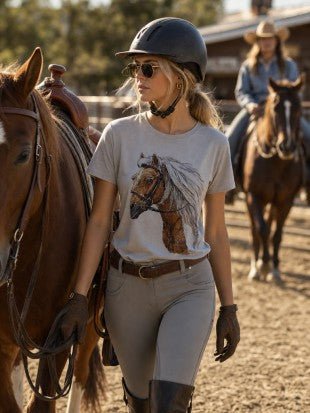 A woman in equestrian attire, including a black riding helmet, sunglasses, a light gray graphic t-shirt, and riding breeches, walks alongside a brown horse in an outdoor ranch setting. Another rider is visible in the background.