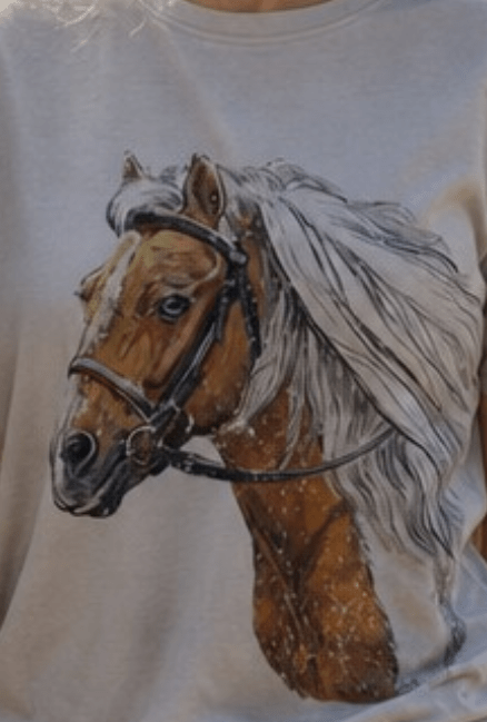 A close-up of a person wearing a light beige or off-white t-shirt with a detailed graphic print of a brown horse with a white mane wearing a bridle.