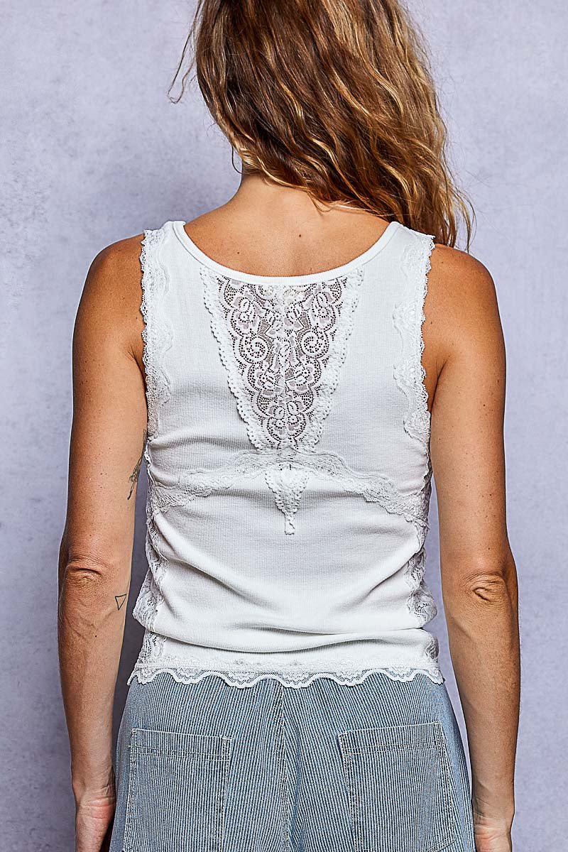 Ivory Tank Top Lace Trim Women's Slim Fit Back Detailing Pol Clothing - Gal-Up Boutique