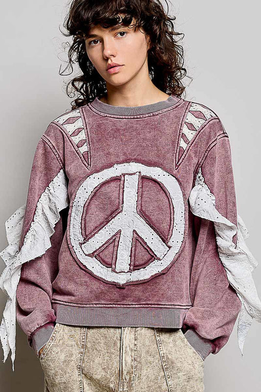 Ladies Top Burgundy Peace Sign Long Sleeves Open Back Pol Clothing - Gal-Up Boutique
