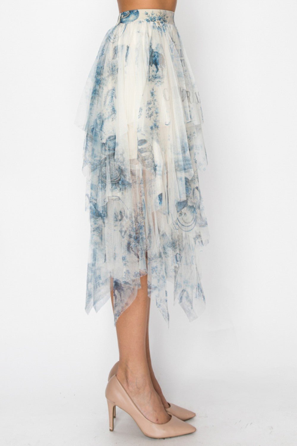 Lined Tiered White Mesh Skirt With Blue Cowgirl Print Origami Apparel - Gal-Up Boutique