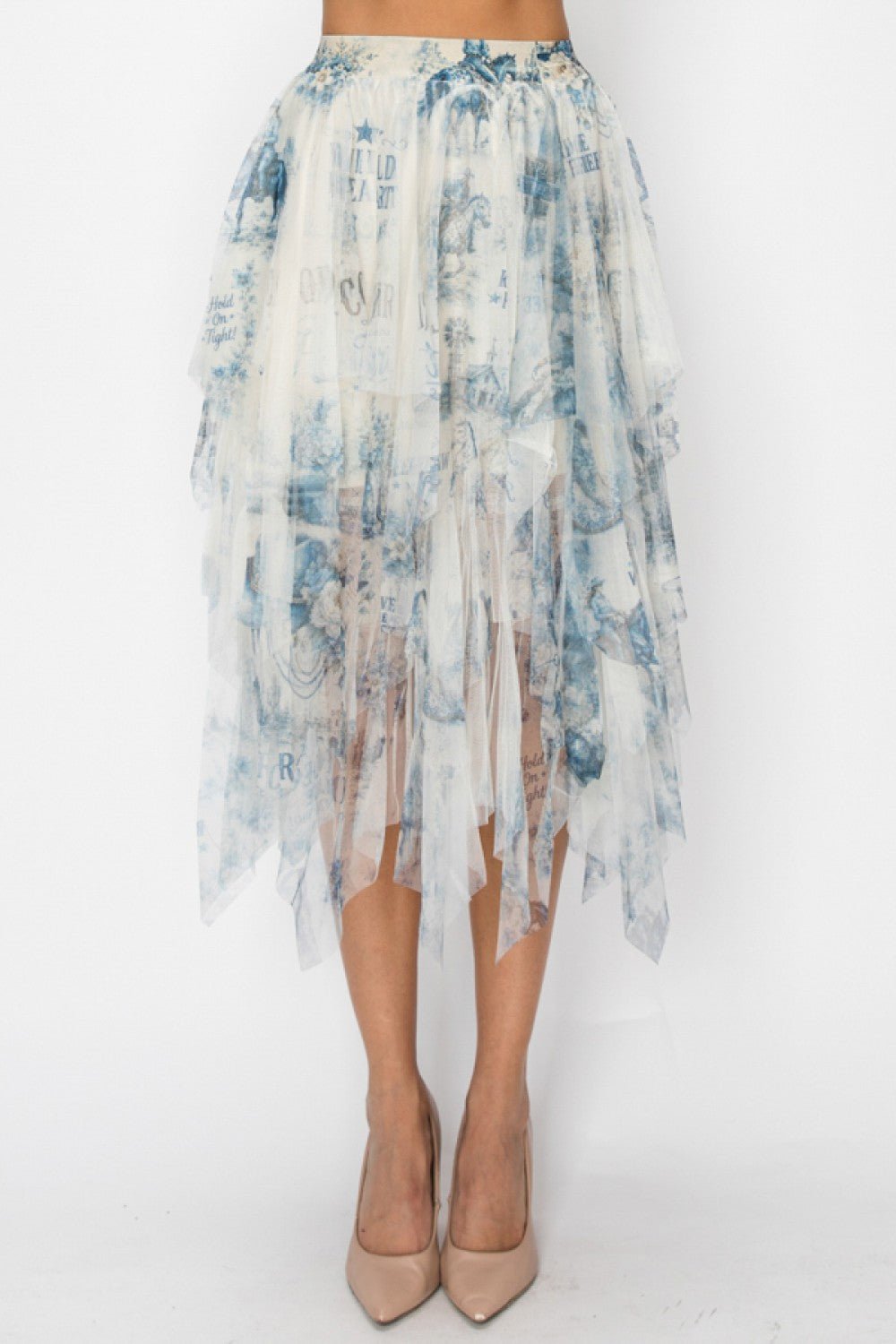 Lined Tiered White Mesh Skirt With Blue Cowgirl Print Origami Apparel - Gal-Up Boutique