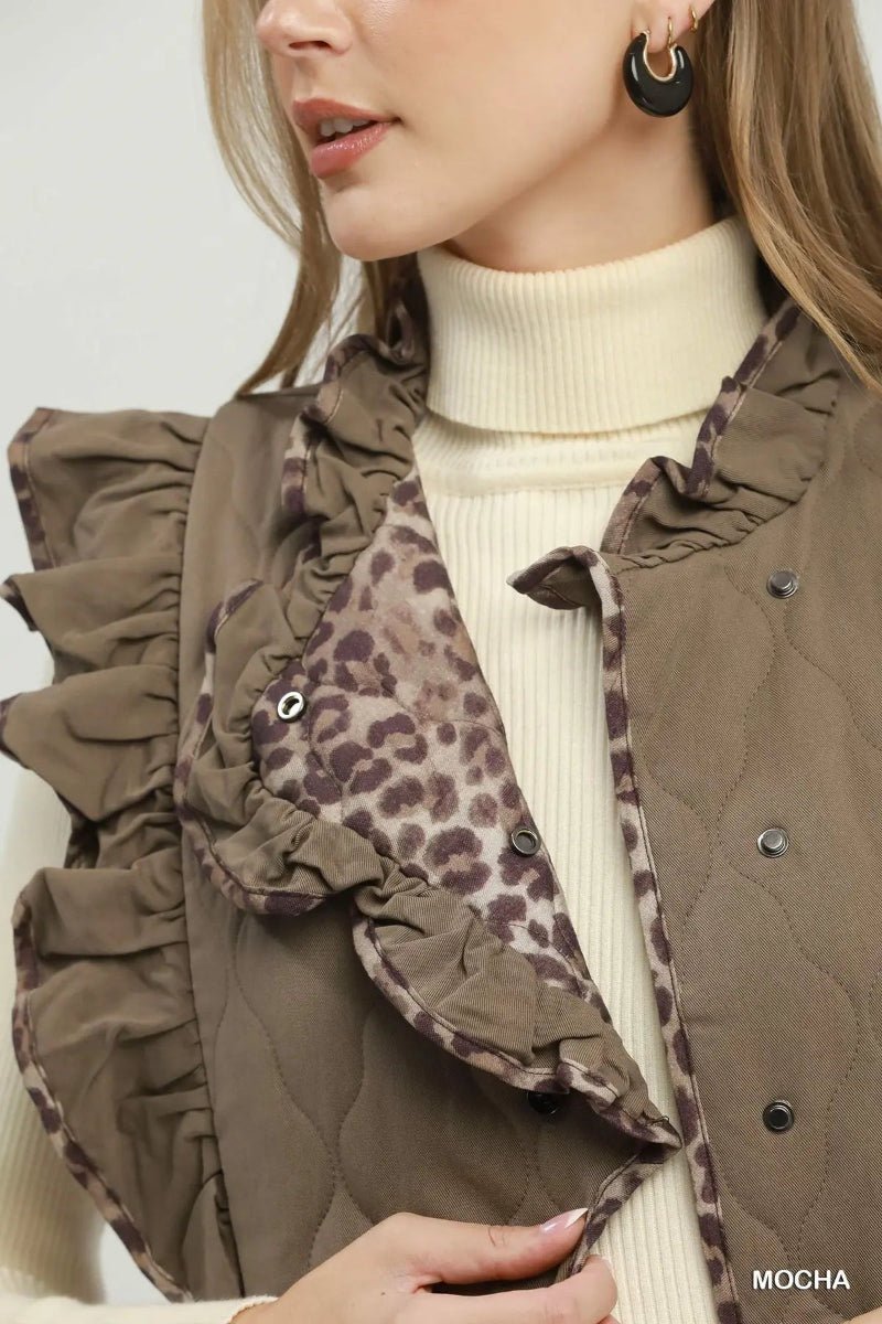Close-up of a model wearing a brown quilted vest with ruffled trim and a leopard-print inner lining over a cream ribbed turtleneck sweater. The word 'MOCHA' appears in the bottom right corner.