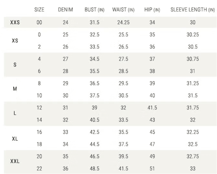 A size measurement chart for apparel showing sizes XXS to XXL with columns for denim, bust in inches, waist in inches, hip in inches, and sleeve length in inches.