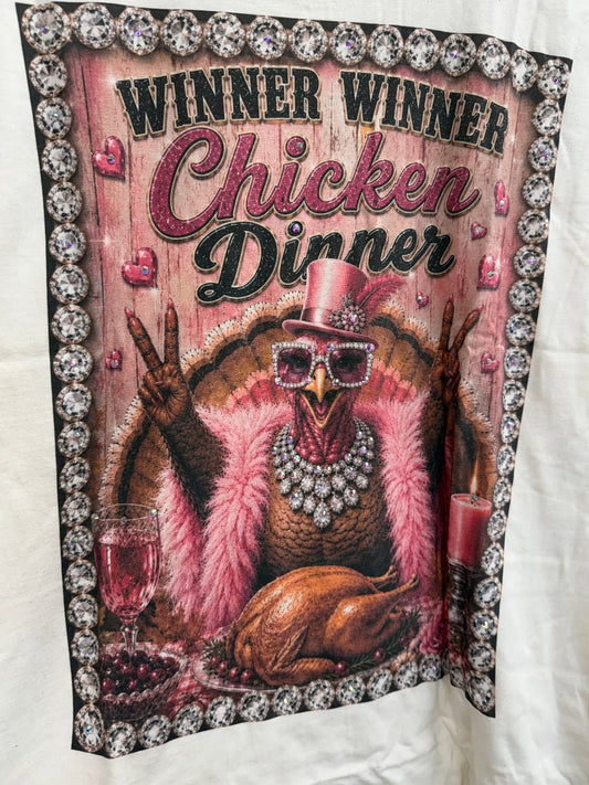 Pink Graphic Winner Winner Chicken Dinner with Chicken Wearing A Pink Top Hat and Sunglasses