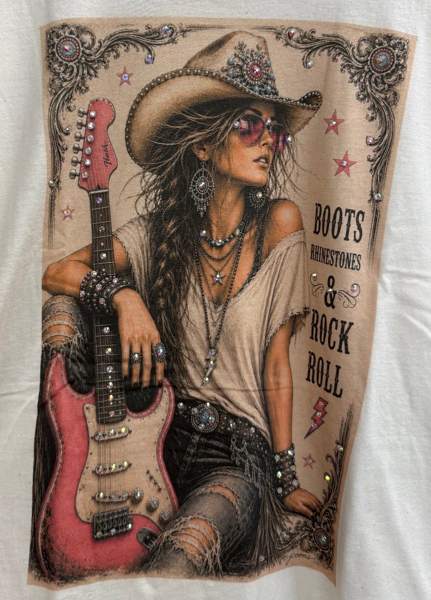 Graphic with Female guitar Scroll work and text Boots Rhinestones & Rock Roll