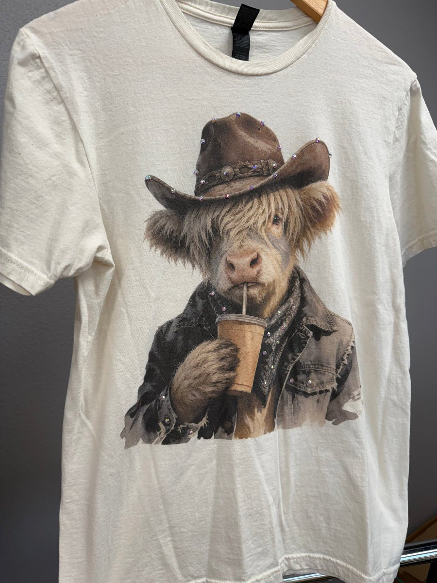 Natural T-Shirt Graphic Cow Wearing A Cowboy Hat Drinking Iced Coffee