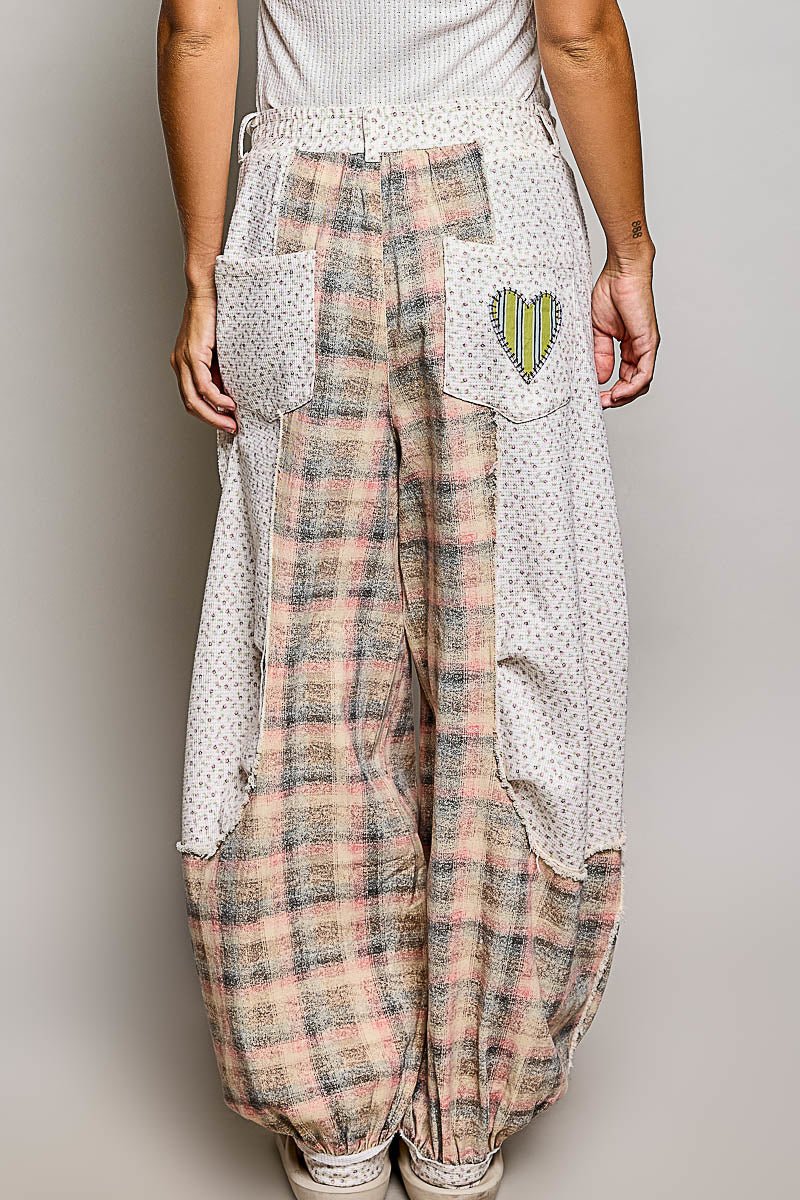 Pink Barrel Leg Women's Pants Plaid Floral Elastic Waistband Pol Clothing - Gal-Up Boutique
