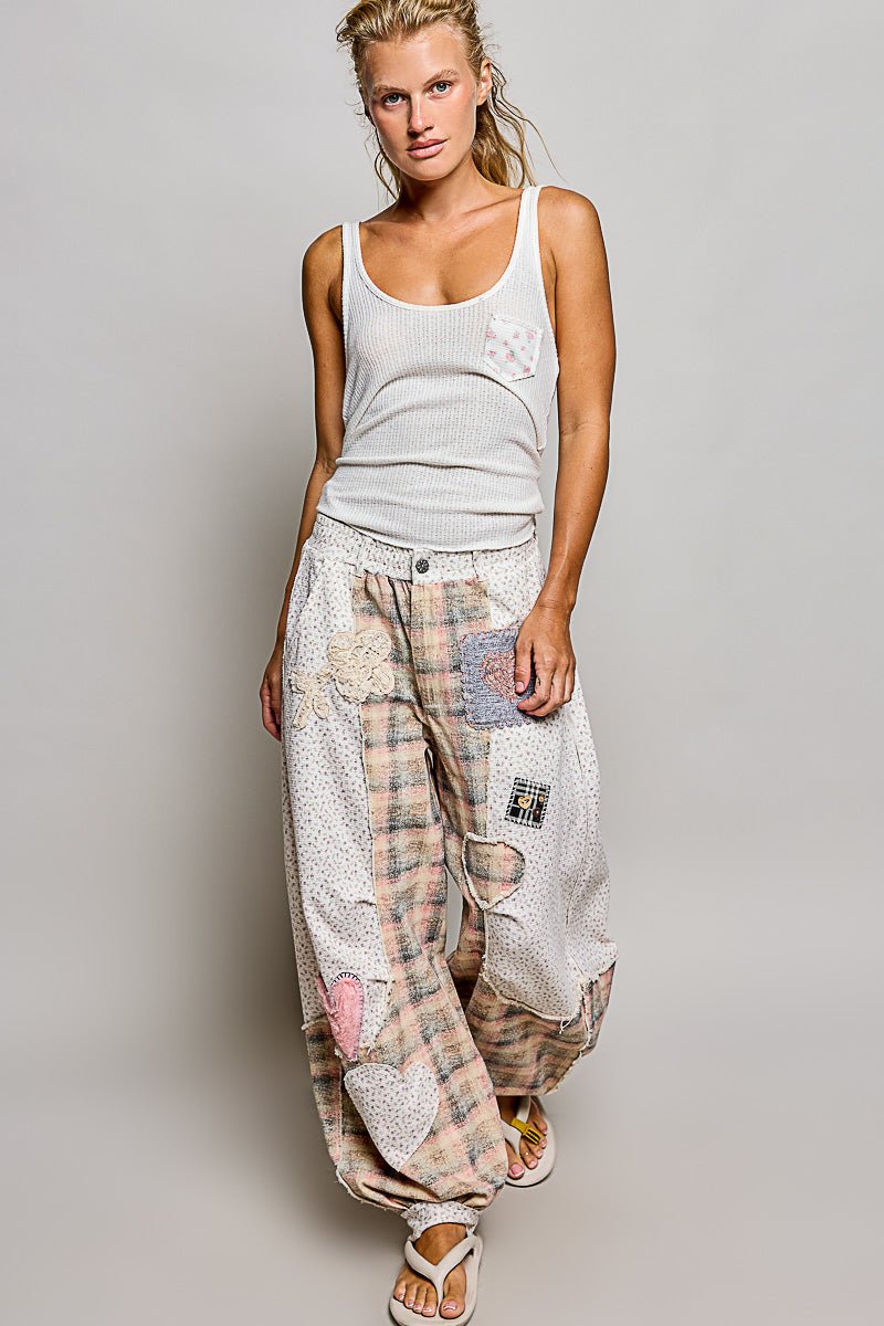 Pink Barrel Leg Women's Pants Plaid Floral Elastic Waistband Pol Clothing - Gal-Up Boutique