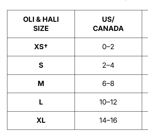 A size chart table showing OLI & HALI size mapping to US/Canada sizes, with rows for XS+, S, M, L, and XL