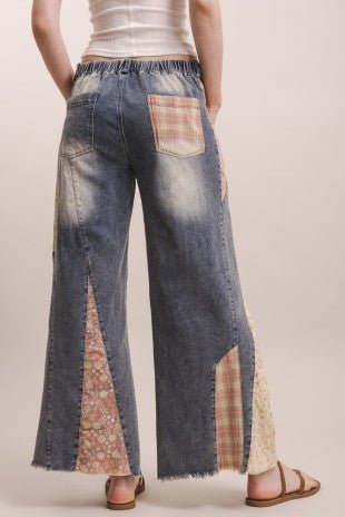 Print Patchwork Wide Leg Denim Pants - Gal-Up Boutique