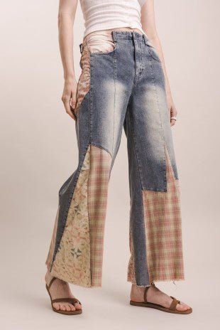 Print Patchwork Wide Leg Denim Pants - Gal-Up Boutique
