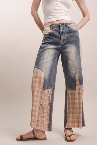 Print Patchwork Wide Leg Denim Pants - Gal-Up Boutique