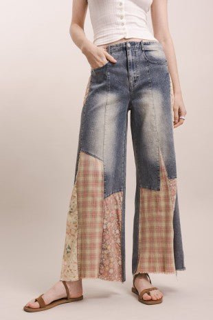 Print Patchwork Wide Leg Denim Pants - Gal-Up Boutique