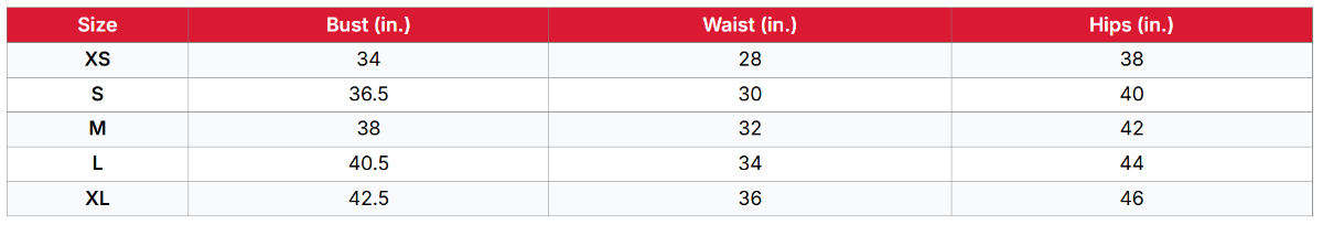 A size chart table with red header cells and black text, showing sizes XS through XL with bust, waist, and hip measurements in inches.