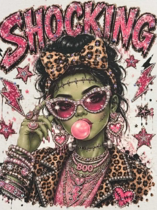 A stylized illustrated zombie woman with green skin, leopard-print bow and jacket, pink sunglasses, and a pink bubblegum bubble, surrounded by glittery pink stars, lightning bolts, and the word "SHOCKING" in large glitter letters.