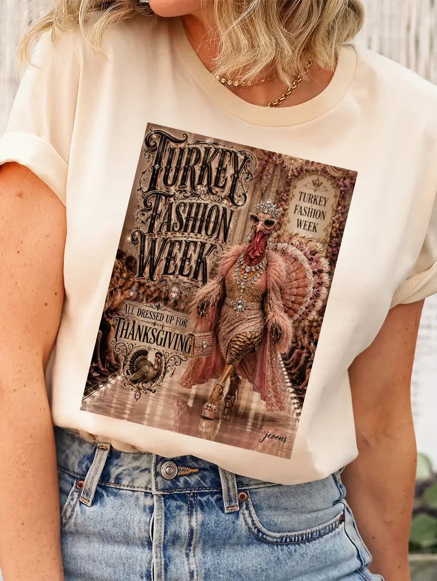 Woman Wearing White T-Shirt With Turkey Fashion Week Text and a blinged out turkey