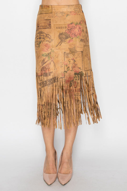 Tan Faux Suede Western Inspired Skirt Rose Print With Fringe - Gal-Up Boutique