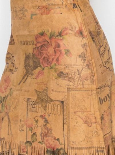 Tan Faux Suede Western Inspired Skirt Rose Print With Fringe - Gal-Up Boutique
