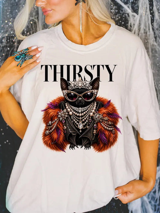 Woman wearing a white t shirt with a black cat in bling and the text THIRSTY