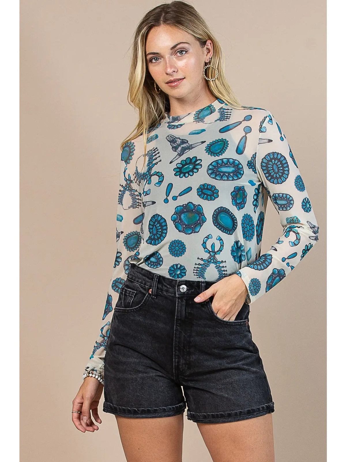 Turquoise Cream Print Mock Neck Mesh Top Avery Apparel - Gal-Up Boutique