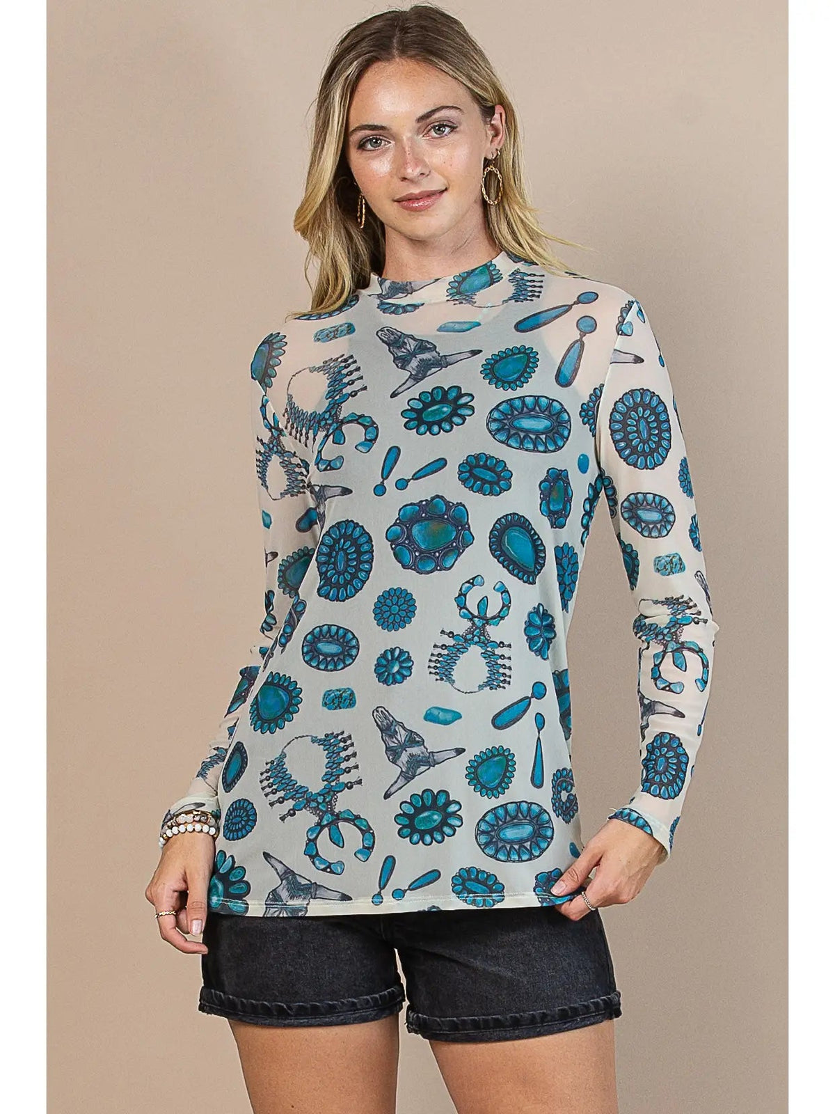 Turquoise Cream Print Mock Neck Mesh Top Avery Apparel - Gal-Up Boutique