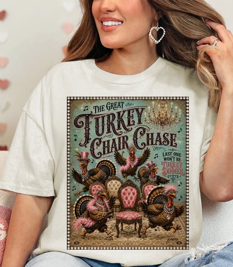 A woman wearing a cream-colored graphic t-shirt featuring a vintage-style illustration of turkeys chasing a pink chair with the text 'The Great Turkey and Chair Chase'.
