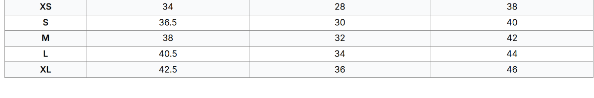A size chart table showingXS, S, M, L, and XL measurements across three columns on a white background.