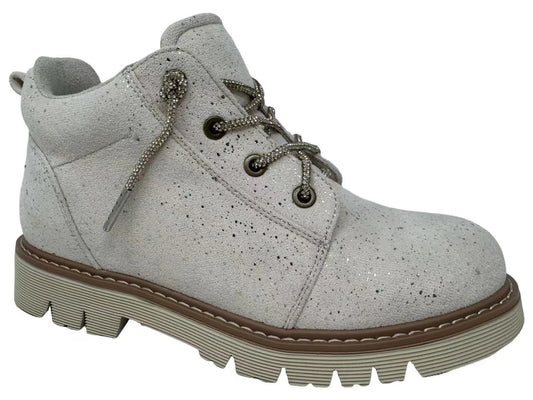 A light gray glitter ankle boot with brown laces, metal eyelets, and a brown and gray sole, shown against a plain white background.