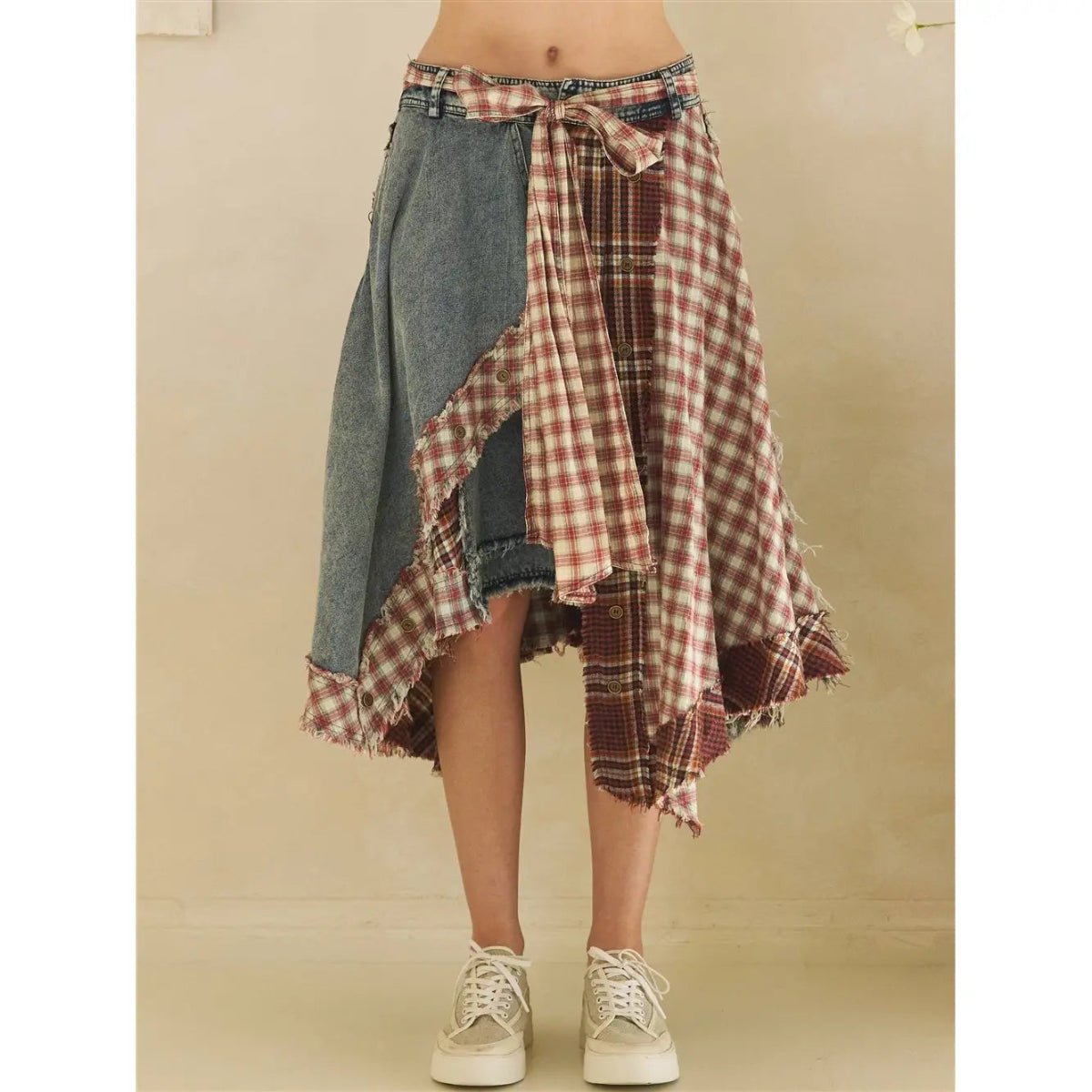 Denim Asymmetrical Skirt with Red Plaid Accents 