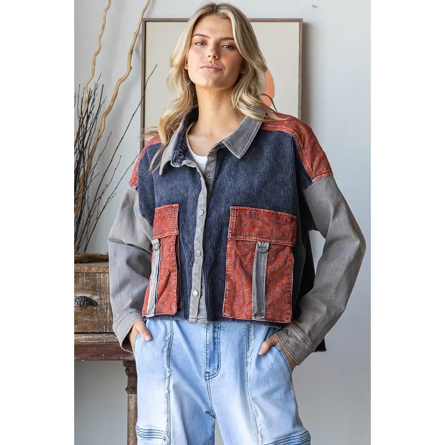 Washed Color Block Big Pockets Corduroy Jacket Oli & Hali - Gal-Up Boutique
