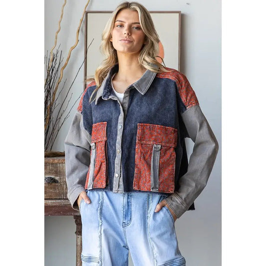 Washed Color Block Big Pockets Corduroy Jacket Oli & Hali - Gal-Up Boutique