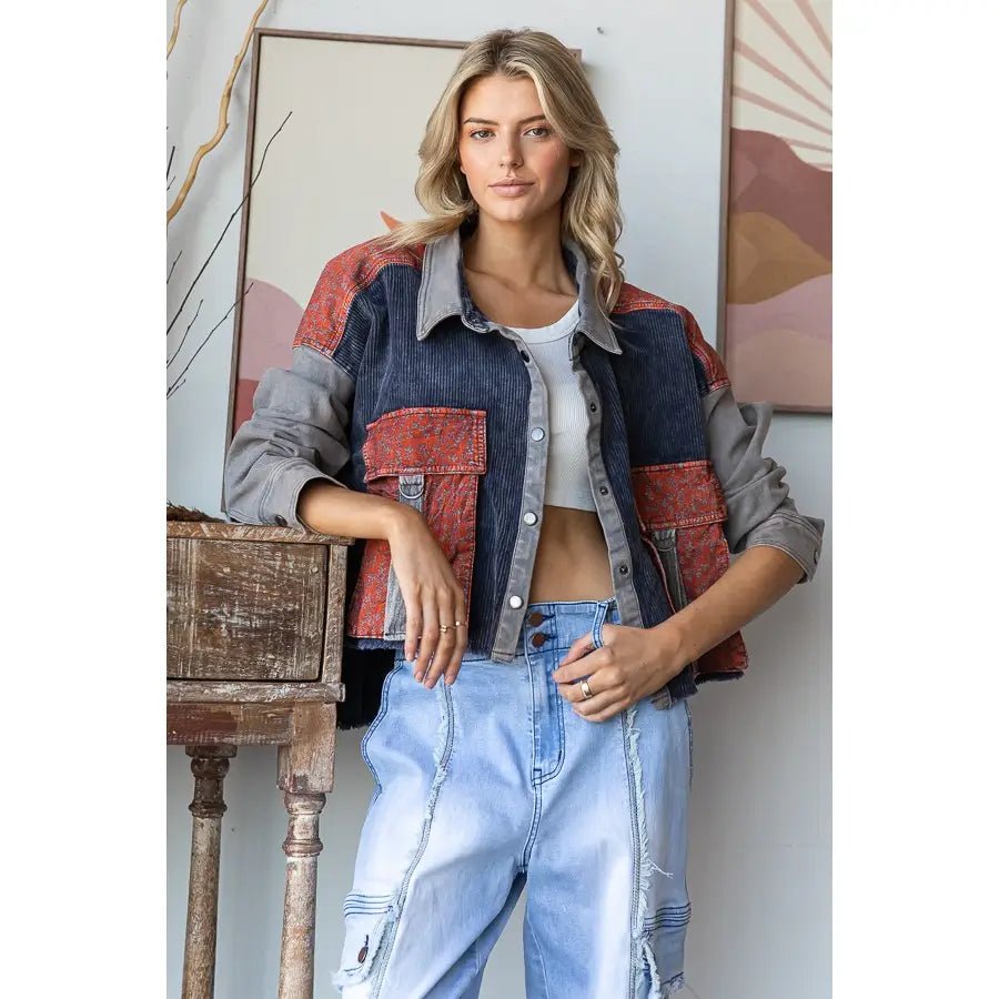Washed Color Block Big Pockets Corduroy Jacket Oli & Hali - Gal-Up Boutique