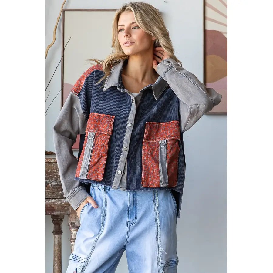 Washed Color Block Big Pockets Corduroy Jacket Oli & Hali - Gal-Up Boutique
