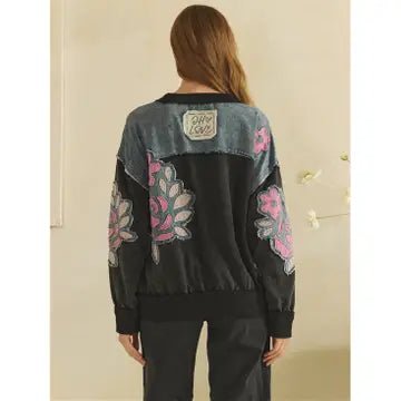 Washed Floral Patch Black Crewneck Long Sleeve Top Oli & Hali - Gal-Up Boutique