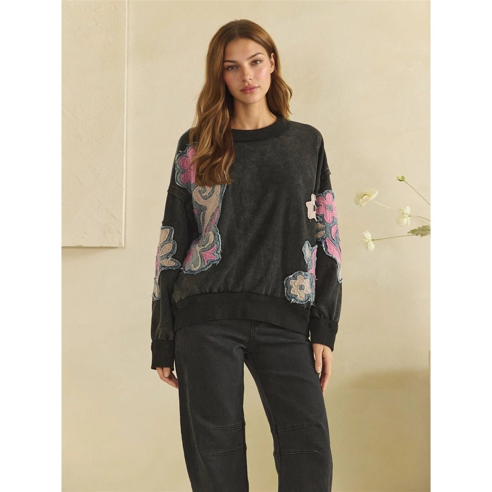 Washed Floral Patch Black Crewneck Long Sleeve Top Oli & Hali - Gal-Up Boutique