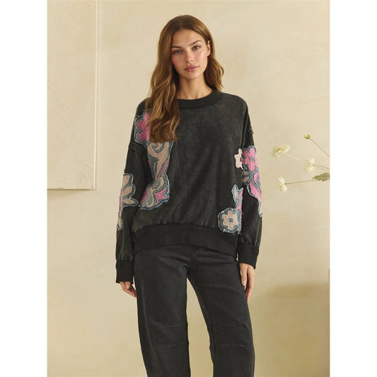 Washed Floral Patch Black Crewneck Long Sleeve Top Oli & Hali - Gal-Up Boutique