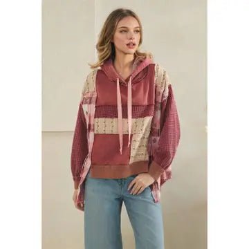 Washed Patchwork Waffle Detailed Layered Flower Hoodie Oli & Hali - Gal-Up Boutique